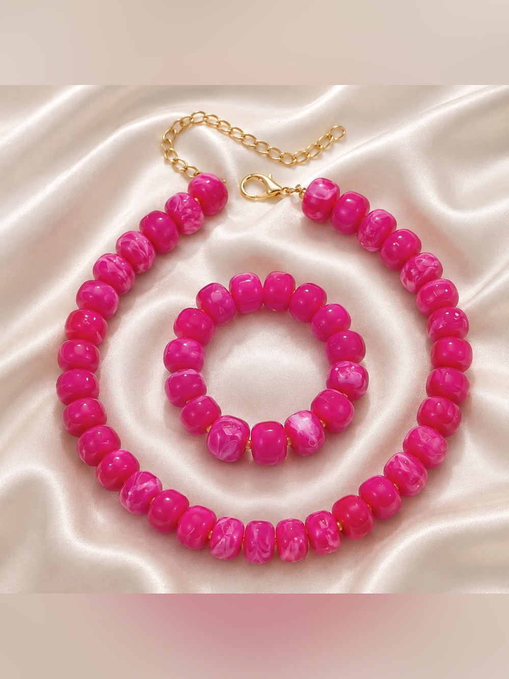 Hot Pink Chunky Beaded Necklace & Bracelet Set | Statement Jewelry